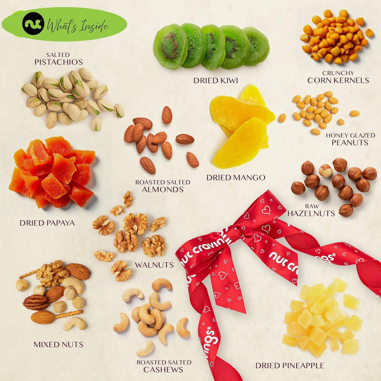 NUT CRAVINGS - Rosh Hashana & Shana Tova Dried Fruit & Mixed Nuts Gift Basket in Reusable Wooden Tray + Ribbon (12 Assortments) Food Arrangement, Healthy Snack Care Package, Food Assortments