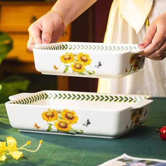 ONCCI In-Glaze Ceramic Baking Dish Set of 2 - Rectangular with Handles,Single Serving Size Casserole dishes 10.8*7.99in & 8.58*6.54inch Sizes - Oven Safe for Cooking, Baking, Casseroles - Dishwasher Safe(Sunflower)