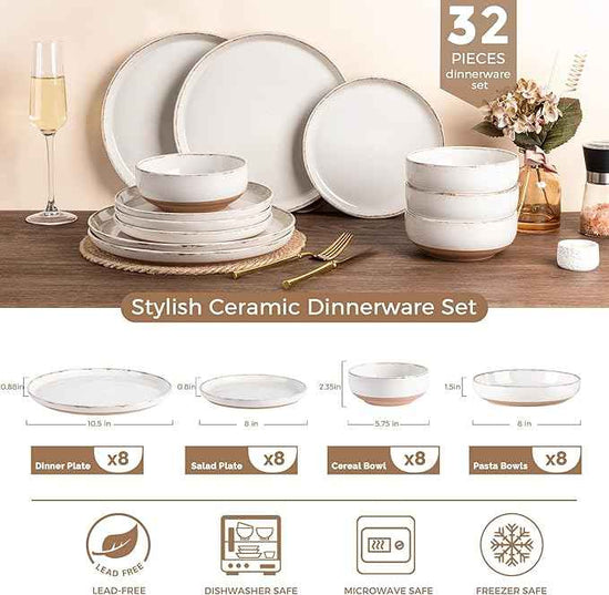 AmorArc Ceramic Dinnerware Sets with Pasta Bowls for 8, Handpainted Plates and Bowls Set with Rustic Terracotta Underside, Scratch Resistant Dishes Set, Dishwasher & Microwave Safe, 32 Pcs