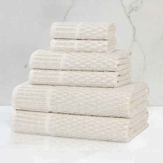 Superior Juno Viscose Cotton Blend Medium Weight Towels, for Bathroom, Shower, Spa, Plush, Quick Dry, Ultra-Soft Towels, Bath Essentials, Border Detail, 6 Piece Assorted Towel Set, Beige