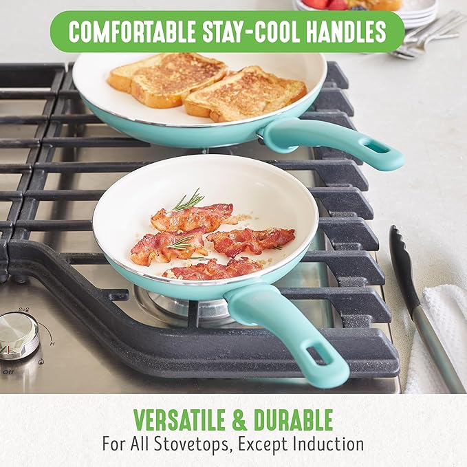 GreenLife Soft Grip Healthy Ceramic Nonstick 18 Piece Kitchen Cookware Pots and Frying Sauce Saute Pans Set, PFAS-Free with Kitchen Utensils and Lid, Dishwasher Safe, Turquoise