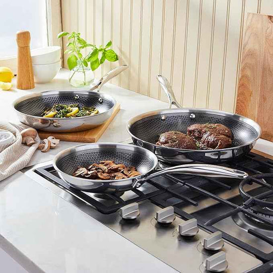 HENCKELS Paradigm 5-pc Cookware Set, Nonstick Frying Pan and Silicone Utensil Set, 3-Ply Stainless Steel Skillets for Induction Cooktop, Gas & Electric Stovetops – Dishwasher Safe & Oven Safe