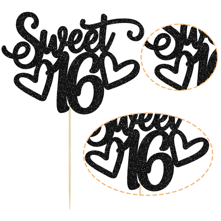 1Pc Sweet Teenager 16 Cake Topper Glitter 16th Birthday Cake Pick for Cheers to 16 Years Old 16th Birthday Party Cake Decorations Supplies Black