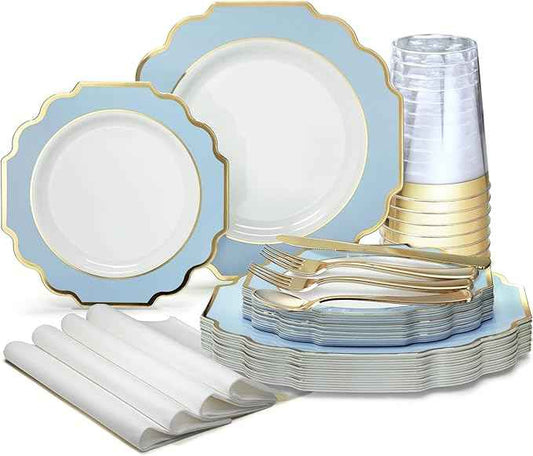 OCCASIONS FINEST 200 Piece Disposable Dinnerware Set for 25 Guests, – Plastic Plates, Gold Cutlery, Cups, Napkins – Heavy Duty Party Tableware, Imperial White Blue Gold Collection