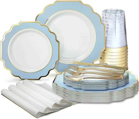 OCCASIONS FINEST 320 Piece Disposable Dinnerware Set for 40 Guests – – Heavy Duty Plastic Plates, Gold Cutlery, Cups, Napkins – Elegant Party Plates- Imperial White, Blue & Gold Collection