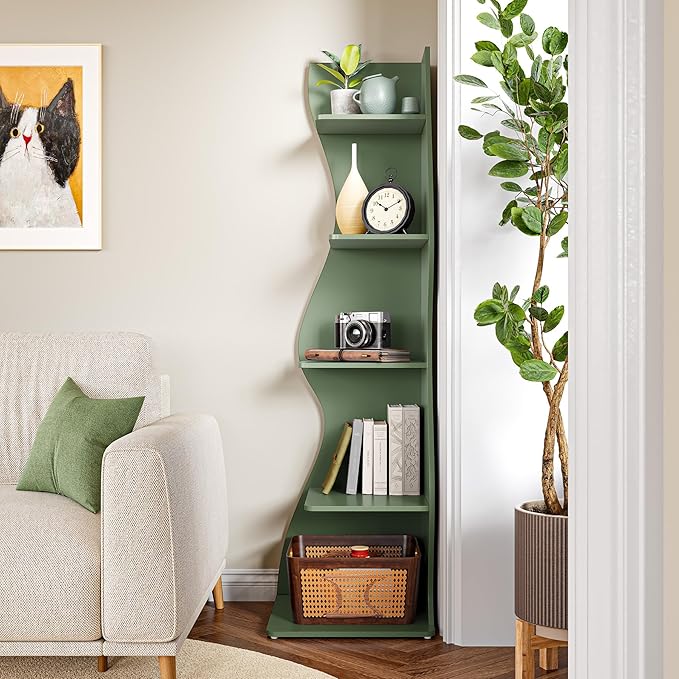 LITTLE TREE Small Corner Shelf, Modern 5-Tier Wall Corner Bookshelf, Stylish Bookcase Storage Rack for Small Space, Living Room, Bedroom