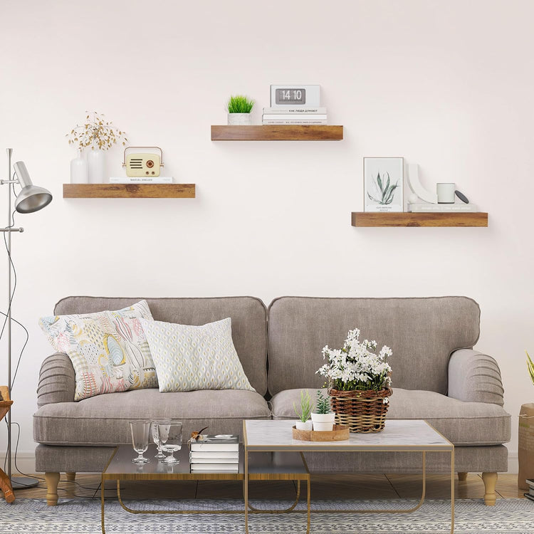 Colima Floating Shelves for Bedroom, Bathroom, Living Room, Kitchen, Office - 15 Inch Wall Mounted, Set of 3 - 1.3" Thick Brown Wood Floating Book Shelves