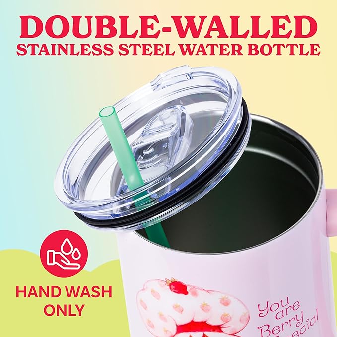 Silver Buffalo Strawberry Shortcake You Are Berry Special Vintage Pink and Green Ombre Double Walled Stainless Steel Tumbler with Handle and Straw, Fits in Standard Cup Holder, 40 Ounces