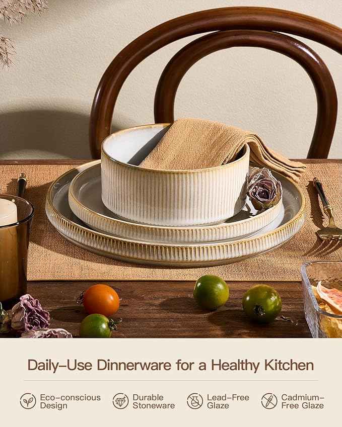 Stoneware Dinnerware Sets, Handcrafted Double Reactive Glaze Plates and Bowls for Everyday & Formal Dining, Microwave & Dishwasher Safe, Scratch Resistant Dishes for 4 (12-Piece), Cappuccino White