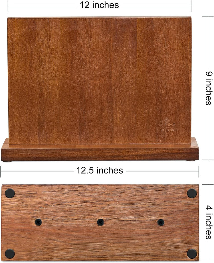 ENOKING Magnetic Knife Block 12.5 x 9 Inches, Double Side Magnetic Knife Holder Built in Three Powerful Magnets Strip, Acacia Wood Universal Knife Storage Organizer for Kitchen Counter