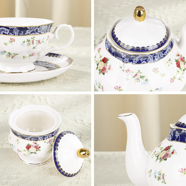 fanquare Bone China Tea Sets for Adults, 21-Piece Blue Lace and Roses Porcelain Tea Service with Sugar Bowl & Creamer, English Cremic Floral Teacups Set of 6 for Women Tea Party