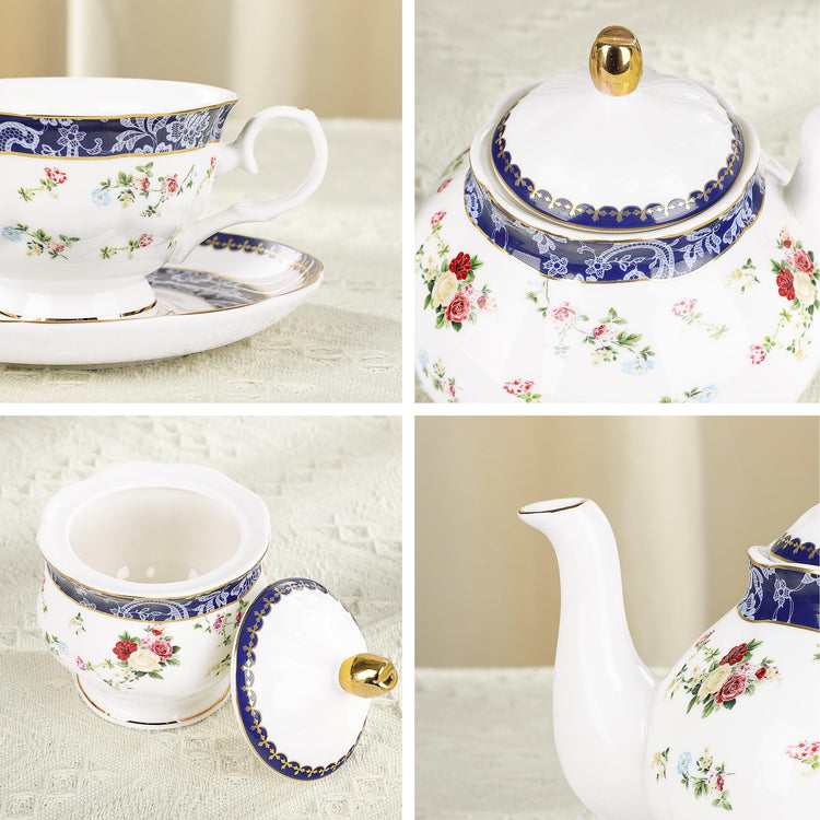 21 Piece Blue Lace and Roses Bone China Tea Sets for Adults (21 Count)