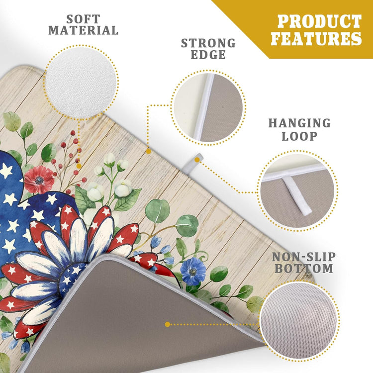 Independence Day Dish Drying Mat 18x24 inch Patriotic Love Heart Fast Dry Microfiber Dishes Drainer Rack Pad Kitchen Counter Accessories
