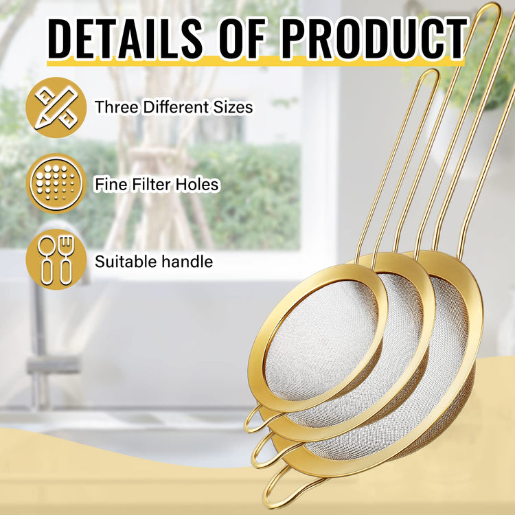 5 Quart Gold Colander and 3 Metal Fine Mesh Strainer Set