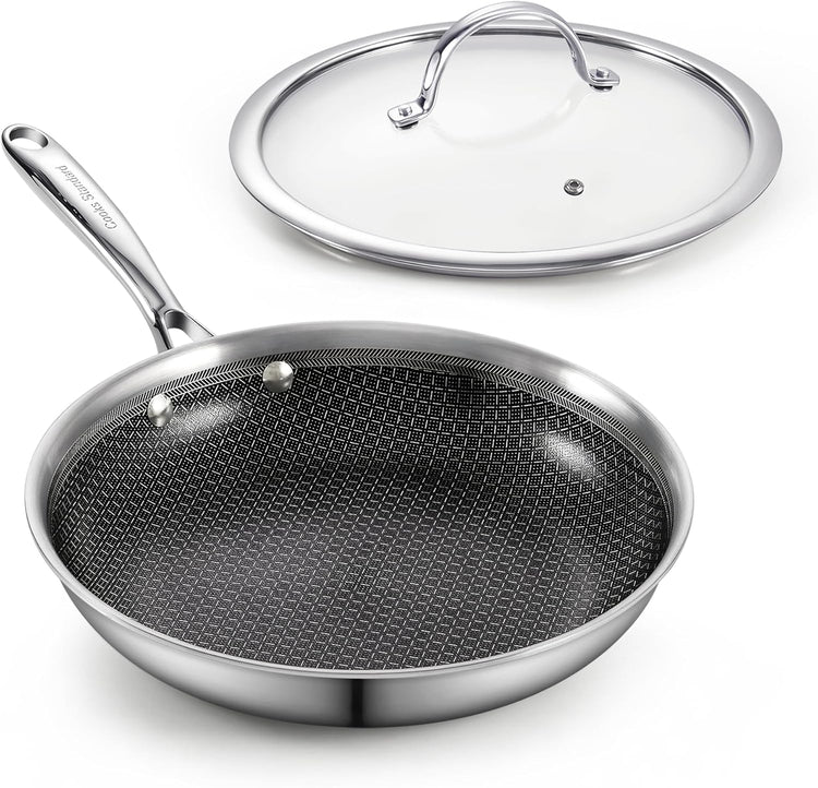 Cooks Standard Hybrid Nonstick Frying Pan, 8-Inch Skillet, Multi-Ply Clad Stainless Steel Fry Pan with Tempered Glass Lids, Oven Safe, Compatible with All Stovetops
