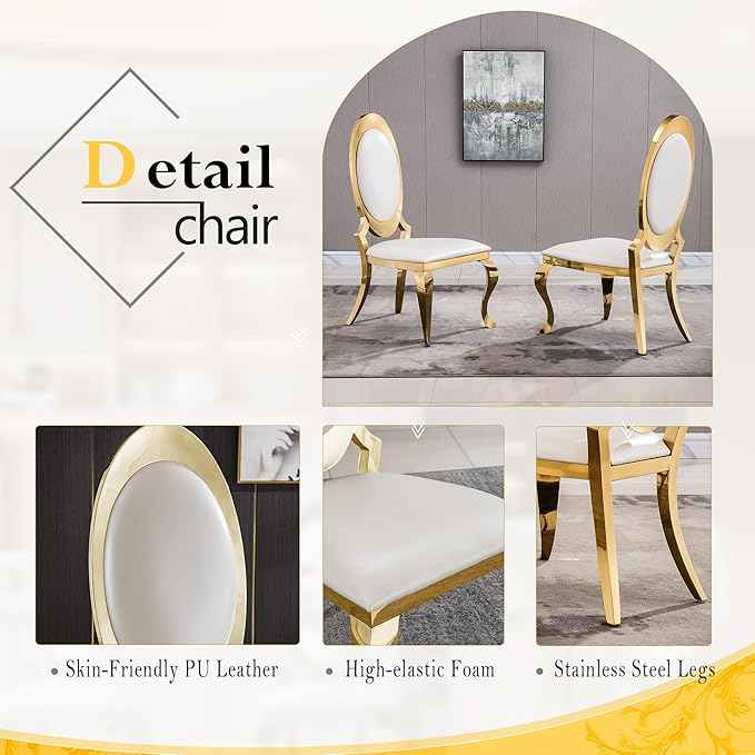 AF ARTISAN FURNITURE 7 Piece Luxury Dining Room Set, Modern Dining Table and Upholstered Chairs Set, Marble Kitchen Table Set for 6, Big Kitchen Dinner Tables Kit with Gold Base