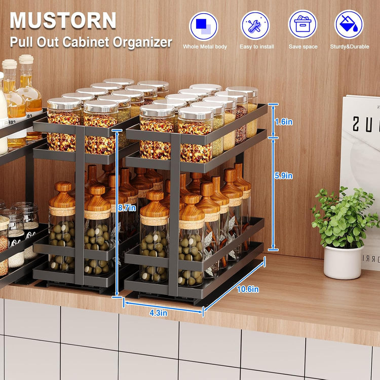 2 Pack Pull Out Spice Rack Organizer for Cabinet, 2 Tier Metal Slide Out Seasoning Organizer and Storage Heavy Duty Vertical Spice Rack Shelf Pullout for Kitchen Cabinets No Drilling (Black)