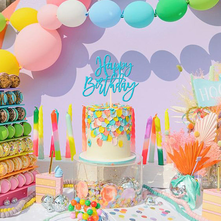 1 PCS Happy Birthday Cake Topper Glitter Happy Birthday Cake Pick for Celebrating Happy Birthday Anniversary Theme Party Cake Decorations Supplies Light Blue