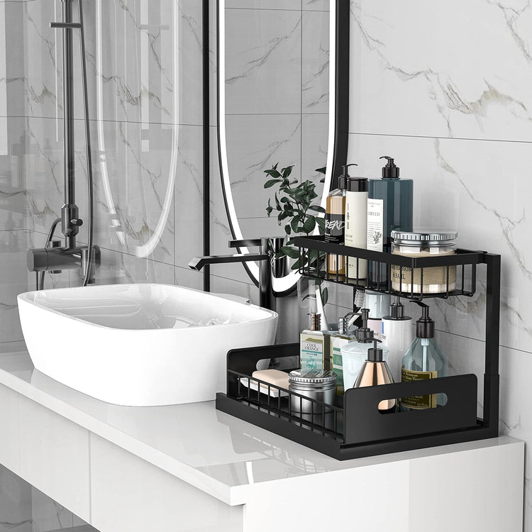 bukfen Under Sink Organizer, Pull Out Cabinet Organizer 2-Tier Slide Out Sliding Shelf Under Cabinet Storage Multi-Use for Under Kitchen Bathroom Sink Organizers and Storage