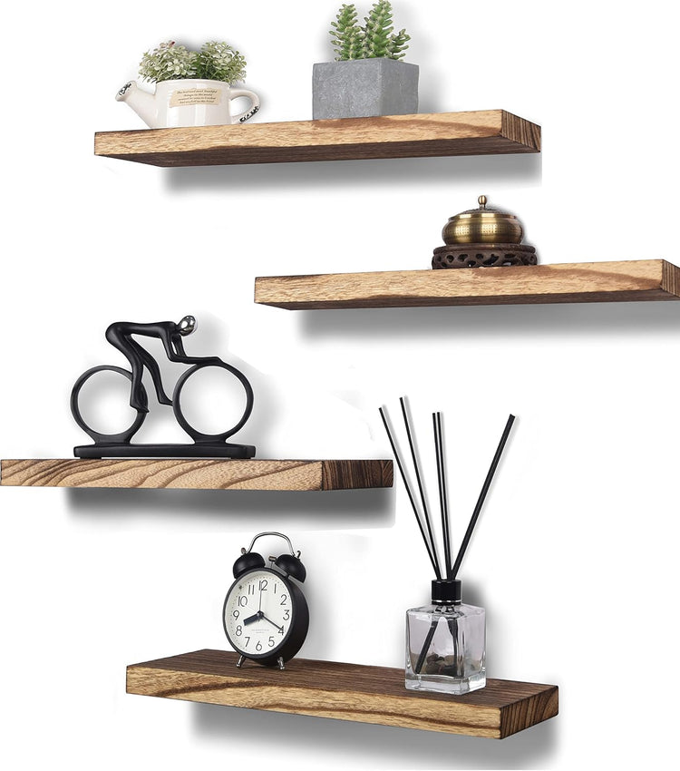 Wood Floating Shelves for Wall, Wooden Wall Shelves for Bedroom, Wall Mounted Shelves for Living Room, Set of 4 Light Brown 16 Inch