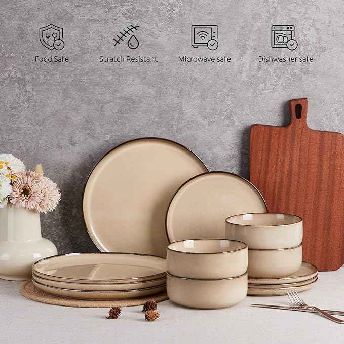 E-far 18-Piece Dinnerware Sets, Stoneware Plates and Bowls Set for 6, Reactive Glaze Dinning Ware Dishes, Microwave & Dishwasher Safe - Sandy Beige