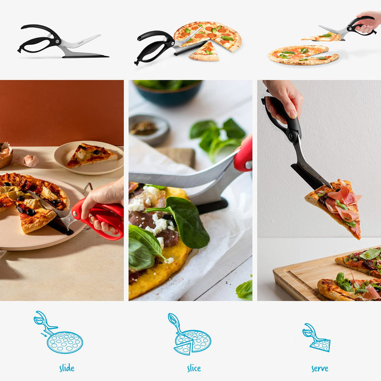 Scizza 2-In-1 Easy Ergonomic Pizza Scissors with Stainless Steel Pizza Cutter Blades & Non-Stick Slice Server - Black