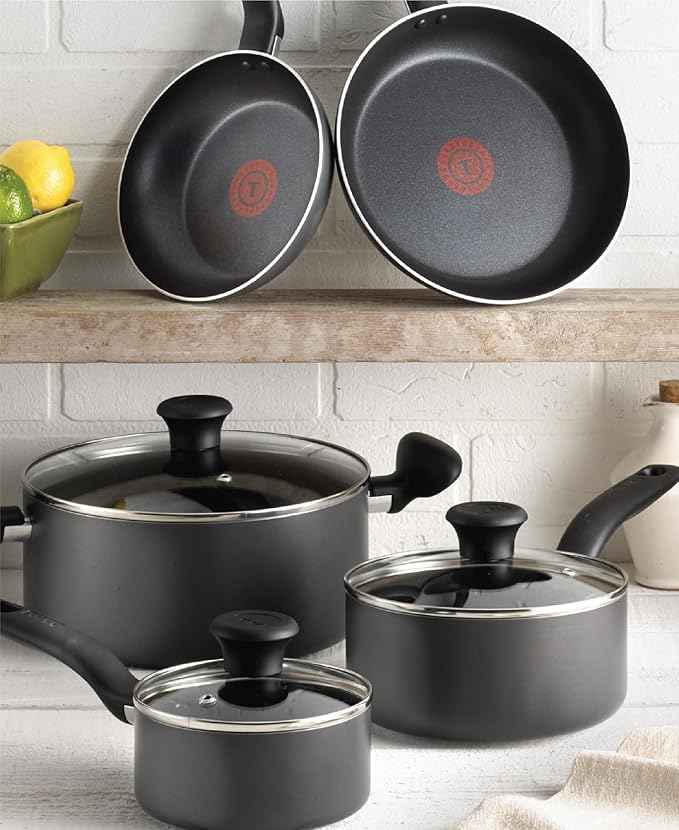 T-fal Initiatives Nonstick Cookware Set 18 Piece, Oven Broiler Safe 350F, Kitchen Cooking Set w/Fry Pans, Saucepans, Stockpots, Skillet, Spoons, Lids Pots and Pans Set, Dishwasher Safe, Stone Grey