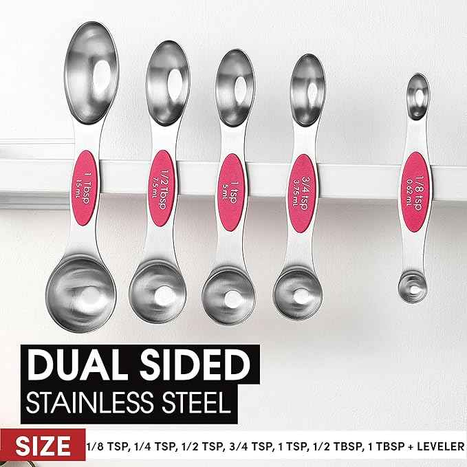 Spring Chef Pink Stainless Steel Magnetic Measuring Spoons Set of 8 with Leveler, Dual Sided Teaspoon & Tablespoon Measuring Set for Dry and Liquid Ingredients, Kitchen Gadgets for Baking & Cooking