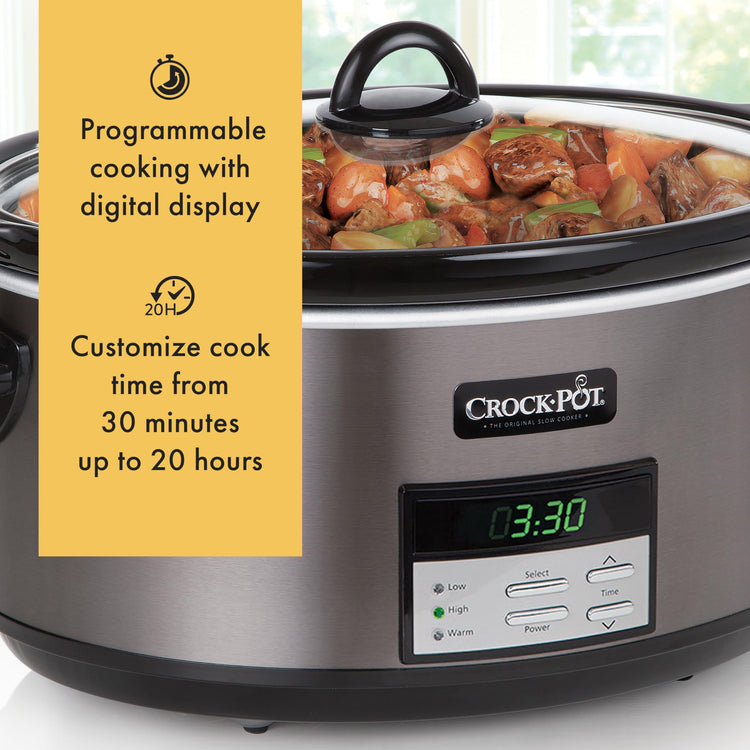 Large 8 Quart Programmable Slow Cooker with Auto Warm Setting Black Stainless Steel