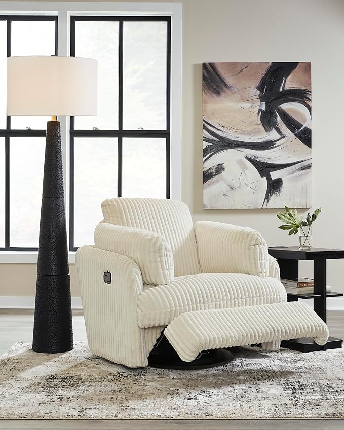Signature Design by Ashley Tie-Breaker Cozy Contemporary Manual Press-Back Swivel Glider Rocker Recliner with 2 Bolster Pillows and Hidden Storage, White