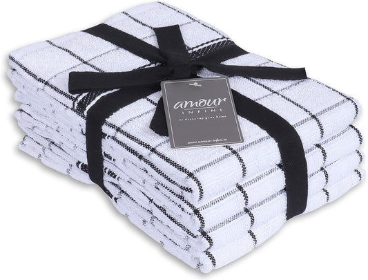 AMOUR INFINI Terry Cotton Kitchen Towels 4-Pack - Large 18 x 28 Inch, Absorbent & Soft Dish Towel with Hanging Loop, Washable Ideal for Cleaning, Drying (Black) - Nestoria