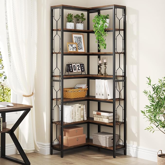 Tribesigns Corner Shelf, 7-Tier Industrial Corner Bookshelf, Wood and Metal Etagere Bookcase, Freestanding Display Shelf for Living Room, Kitchen, Home Office, Rustic Brown | Corner Bookshelf, Etagere Bookcase, Display Shelf, Living Room, Kitchen, Home...