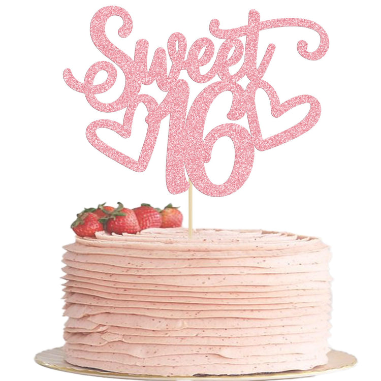 1Pc Sweet Teenager 16 Cake Topper Glitter 16th Birthday Cake Pick for Cheers to 16 Years Old 16th Birthday Party Cake Decorations Supplies Pink