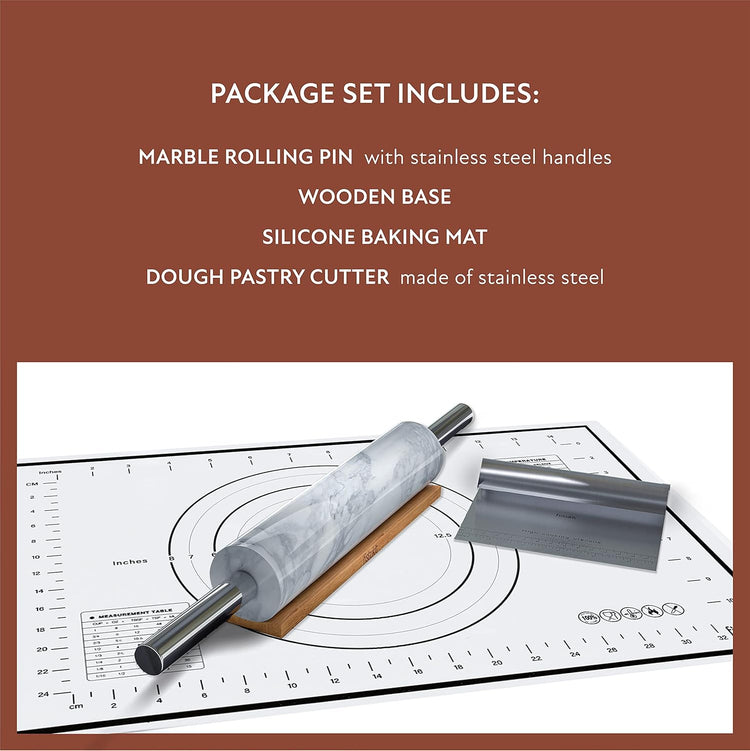 White Marble Rolling Pin with Stainless Steel Handles Baking Set - Silicone Baking Mat, Bench Scraper, Wooden Base