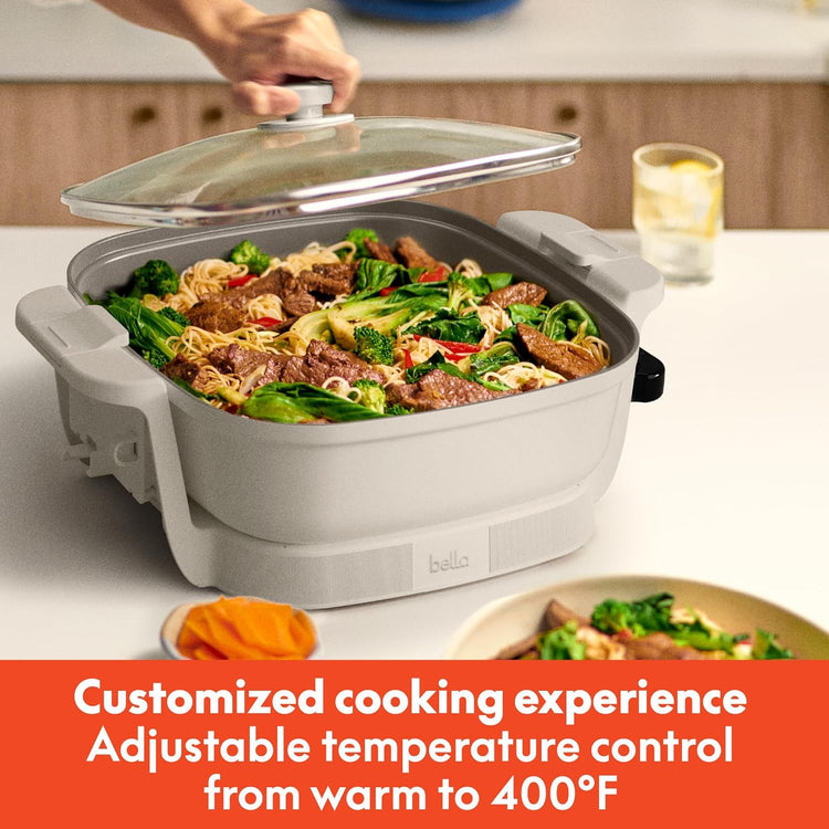 bella Make & Take Electric Skillet, Fits-anywhere™ kitchenware, EverGood™ Ceramic Coating, Adjustable Temperature & Dishwasher-Safe Tempered Glass Lid, Cast Aluminum Base, 1200 Watt, Oatmilk