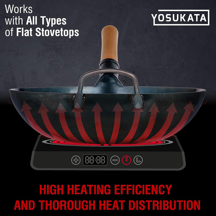 YOSUKATA 13.5” Blue Carbon Steel Wok Pan – Pre-Seasoned Flat Bottom Wok Compatible with open fire, gas, electric, ceramic, induction cooktops -Traditional Chinese Pan for Stir Fry, BBQ, Grill, Camping