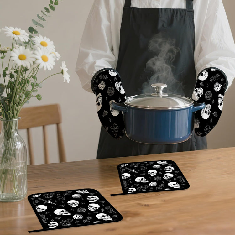 Skull Head Oven Mitts and Pot Holders (4 Count)