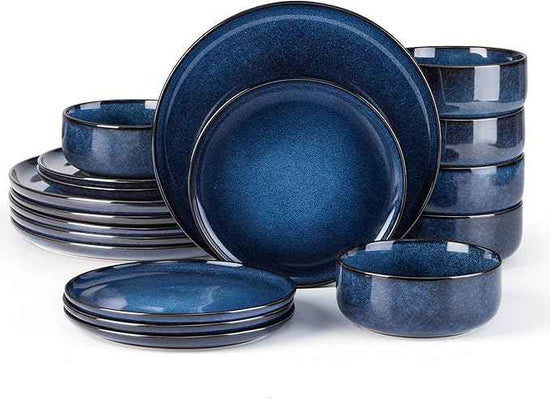 E-far 18-Piece Plates and Bowls Set, Dinnerware Sets for 6, Reactive Glaze Stoneware Dishes Dinning Ware, Microwave & Dishwasher Safe - Deep Sea Blue