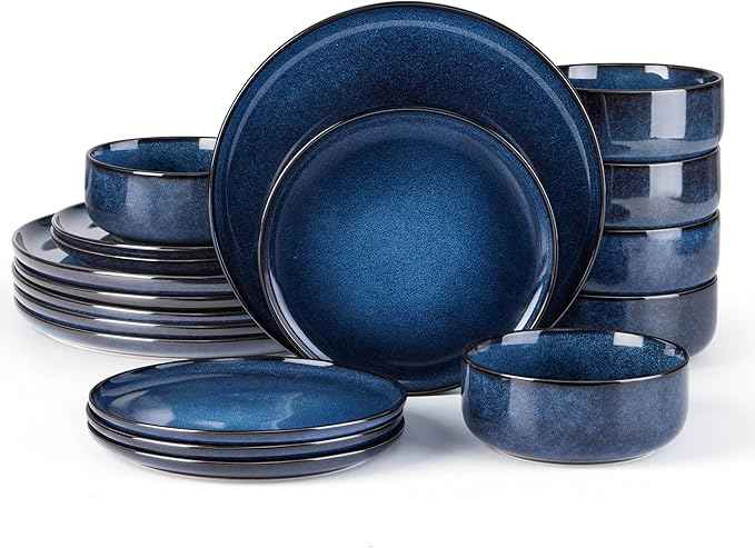 E-far 18-Piece Plates and Bowls Set, Dinnerware Sets for 6, Reactive Glaze Stoneware Dishes Dinning Ware, Microwave & Dishwasher Safe - Deep Sea Blue