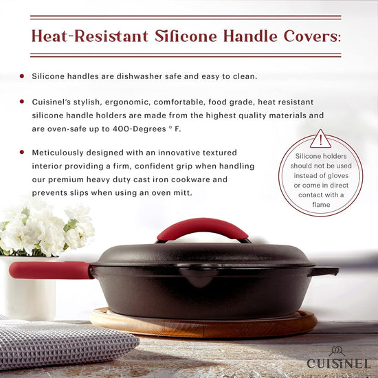 Cuisinel Cast Iron Skillet with Lid - 12"-inch Pre-Seasoned Covered Frying Pan Set + Silicone Handle & Lid Holders + Scraper/Cleaner - Indoor/Outdoor, Oven, Stovetop, Camping Fire, Grill Safe Cookware - Nestoria