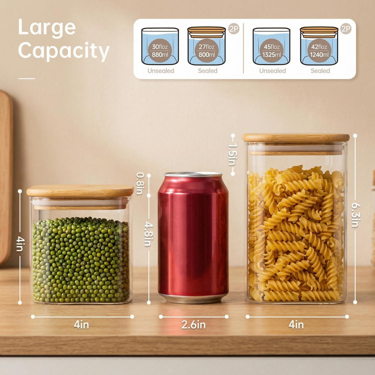 42 oz & 27 oz Square Glass Food Storage Containers with Bamboo Lids (4 Count)