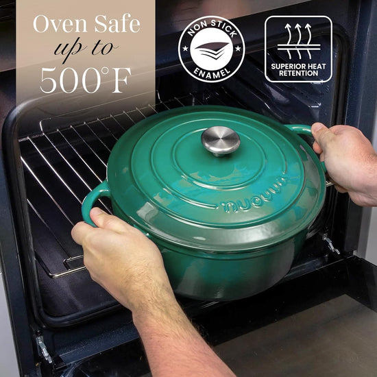 Nuovva Enamelled Cast Iron Dutch Oven Pot with Lid – 6.4 Quart Non Stick Casserole Pot – Heavy Duty & Oven Safe up to 500° F for Bread Baking, Braising, Stews, Roasting – 28cm Dark Green - Nestoria