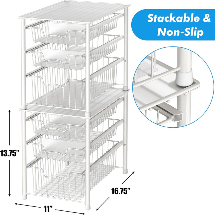Simple Houseware 3-Tier Stackable Sliding Basket Storage Organizer Drawer for Bathroom and Kitchen, White