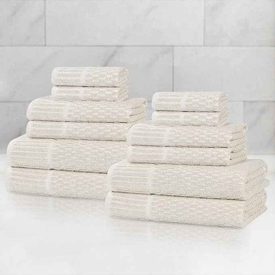 Superior Juno Viscose Cotton Blend Medium Weight Towels, for Bathroom, Shower, Spa, Plush, Quick Dry, Ultra-Soft Towels, Bath Essentials, Border Detail, 12 Piece Assorted Towel Set, Beige