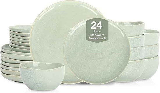 Stone Lain Mirella 24-Piece Dinnerware Set Stoneware, Plates and Bowls set, Microwave and Dishwasher Safe, Dish Set for 8, Light Green