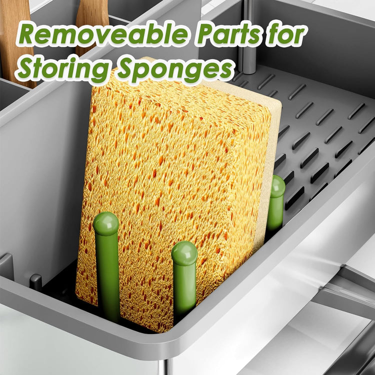 Stainless Steel Sink Caddy, Sponge Holder for Kitchen Sink with Brush Holder & Dishcloth Rack, Rustproof Sink Organizer Countertop, Soap Dispenser Kitchen Organizers Storage Essentials (Gray)