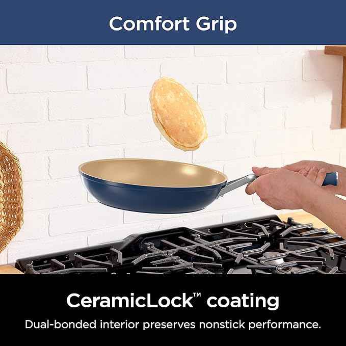Ninja Ceramic Cookware Set, Extended Life 11-Piece Kitchen Cookware Sets with Comfort Grip, Nonstick Fry Pans, Pots, PTFE Free, Oven & Dishwasher Safe, Stovetop Compatible, Navy Blue, CW49011