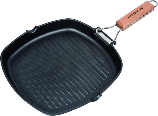 Non-Stick Grill Pan with Folding Wooden Handle, 8", Black and Brown - Nestoria