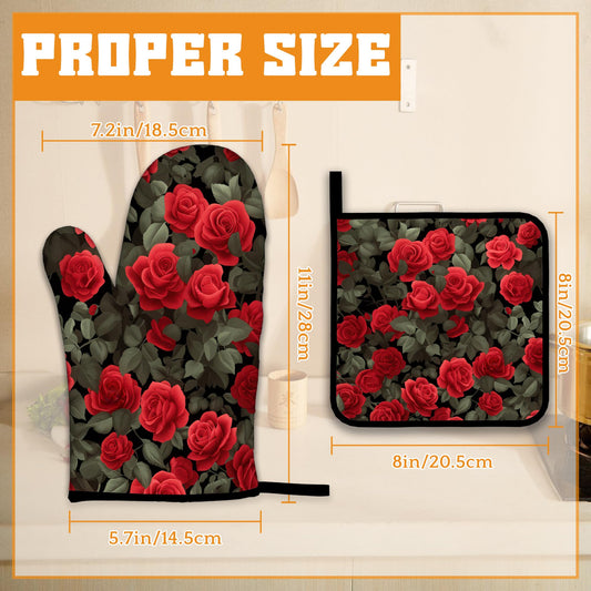 Red Rose Oven Mitts and Pot Holders Set (4 Count)