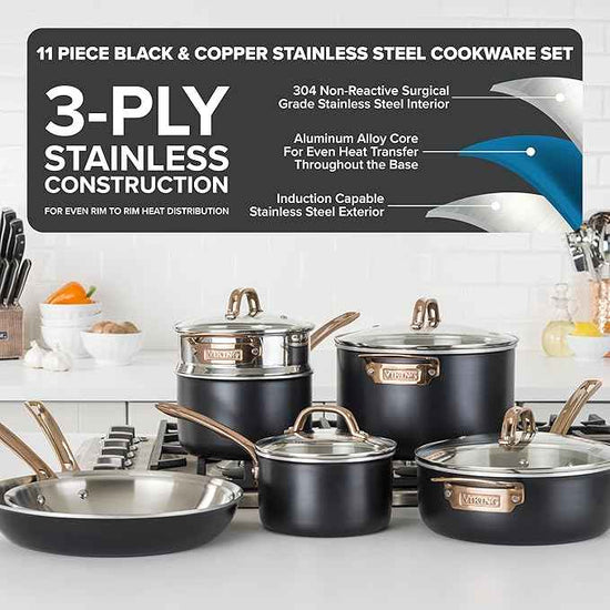 Viking 3 Ply Pots and Pans Set, 11 Piece Stainless Steel Kitchen Cookware with Glass Lids, Black with Copper